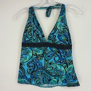 CoCo Reef Womens 36DD Tankini Swim Top Turquoise Navy Blue Paisley Polka Dot